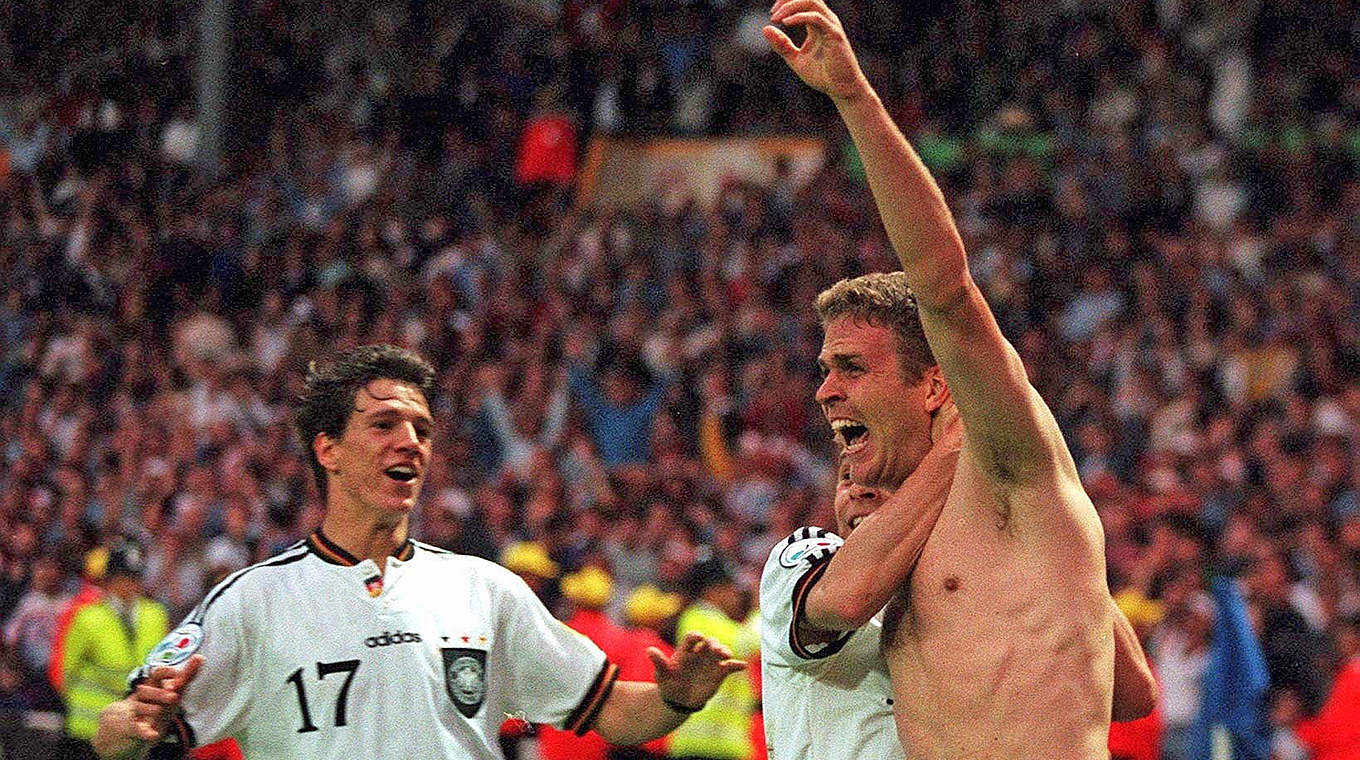 Sein größter Moment: Oliver Bierhoff feiert sein Golden Goal im Finale der Euro 1996, Deutschland wird Europameister © 