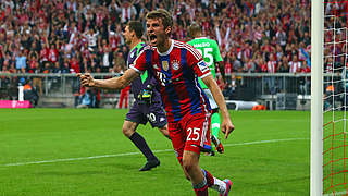 Thomas Müller will be hoping to score against VfL Wolfsburg, as he did on matchday 1 © 2014 Getty Images