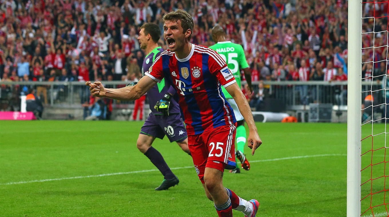 Thomas Müller will be hoping to score against VfL Wolfsburg, as he did on matchday 1 © 2014 Getty Images