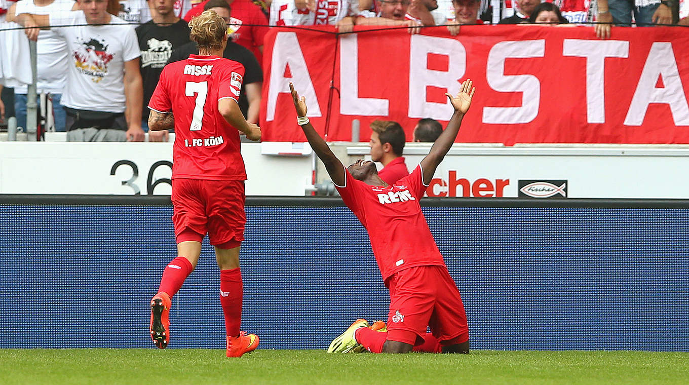 Erster Sieg nach der Liga-Rückkehr: Köln jubelt auch dank Torschütze Anthony Ujah (r.) © 2014 Getty Images