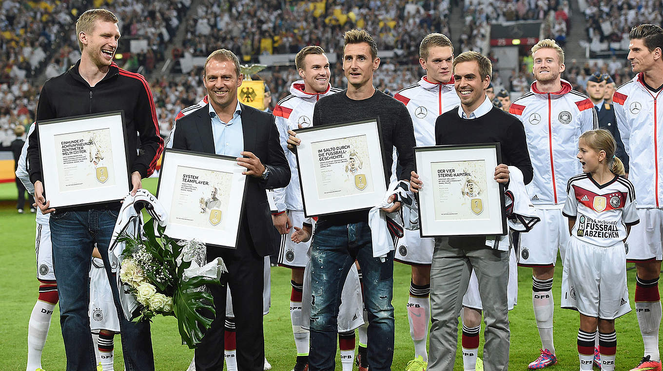 Abgang als Weltmeister: Mertesacker, Flick, Klose und Lahm (v.l.) © GES/Markus Gilliar