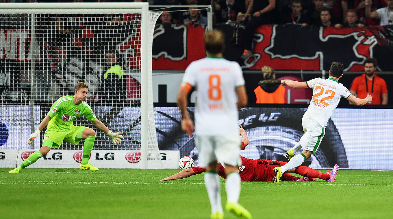 Werder schockt Bayer: Fin Bartels (r.) mit dem 1:1 kurz vor der Pause © 2014 Getty Images