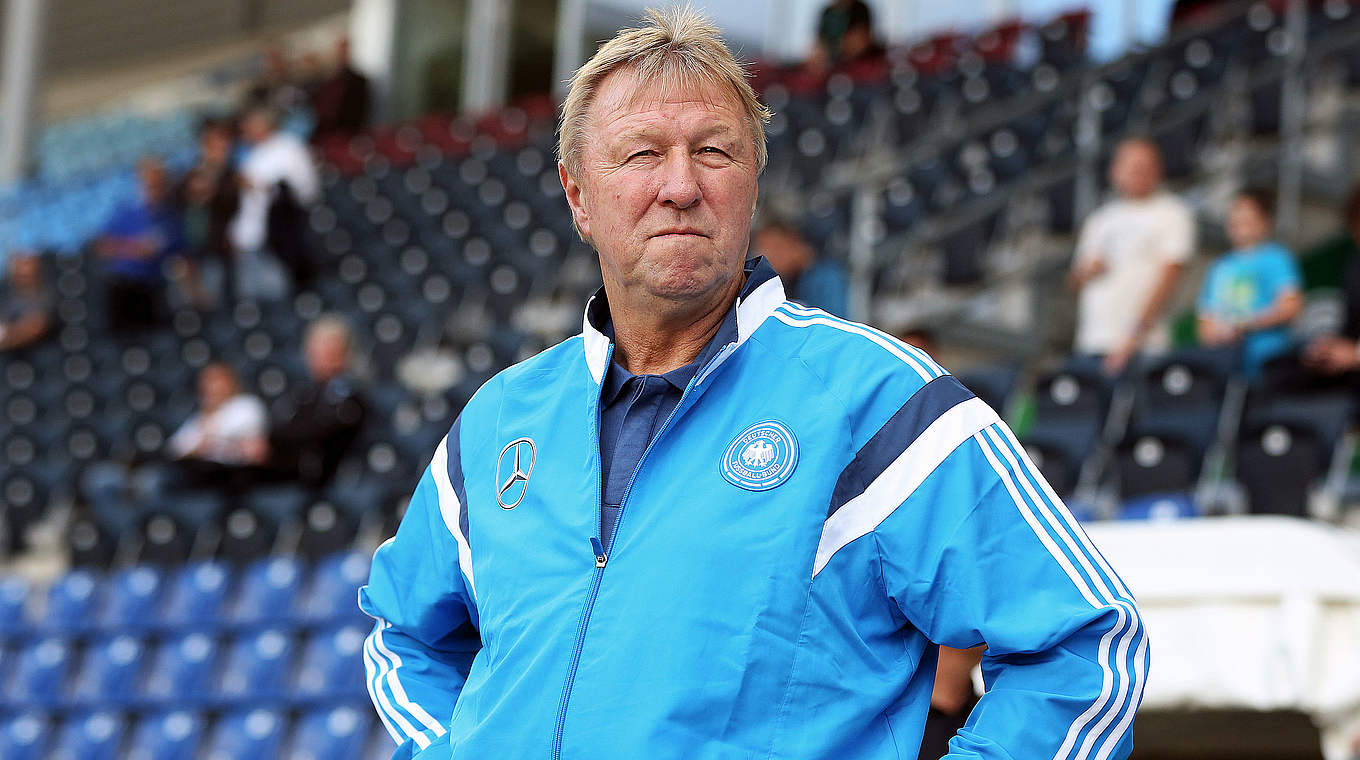 Germany U21s coach Horst Hrubesch was in Prague for the draw © 2014 Getty Images