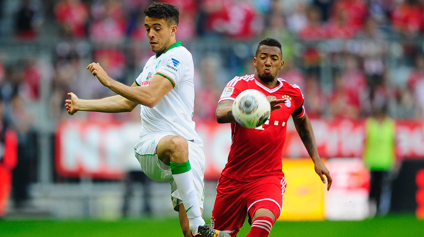 Bremen's Franco di Santo in a battle with Jerome Boateng during last year's 5-2 loss © 2014 Getty Images