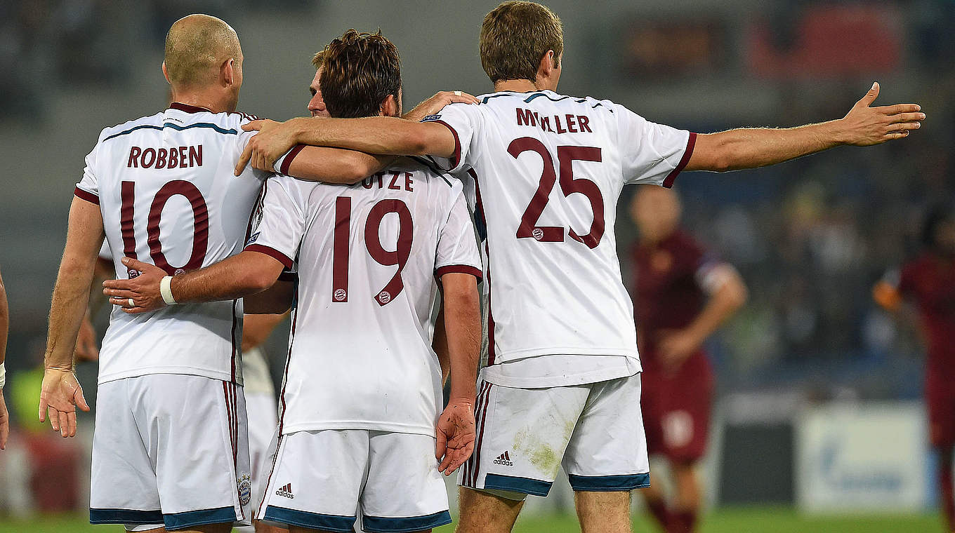 Drei der Torschützen unter sich: Robben und die Weltmeister Götze und Müller (v.l.n.r.) © 2014 Getty Images
