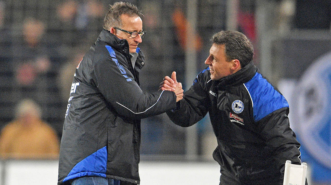 Freude über den 2:0-Erfolg: Bielefelds Trainer Meier (l.) und Co-Trainer Speidel © 2014 Getty Images