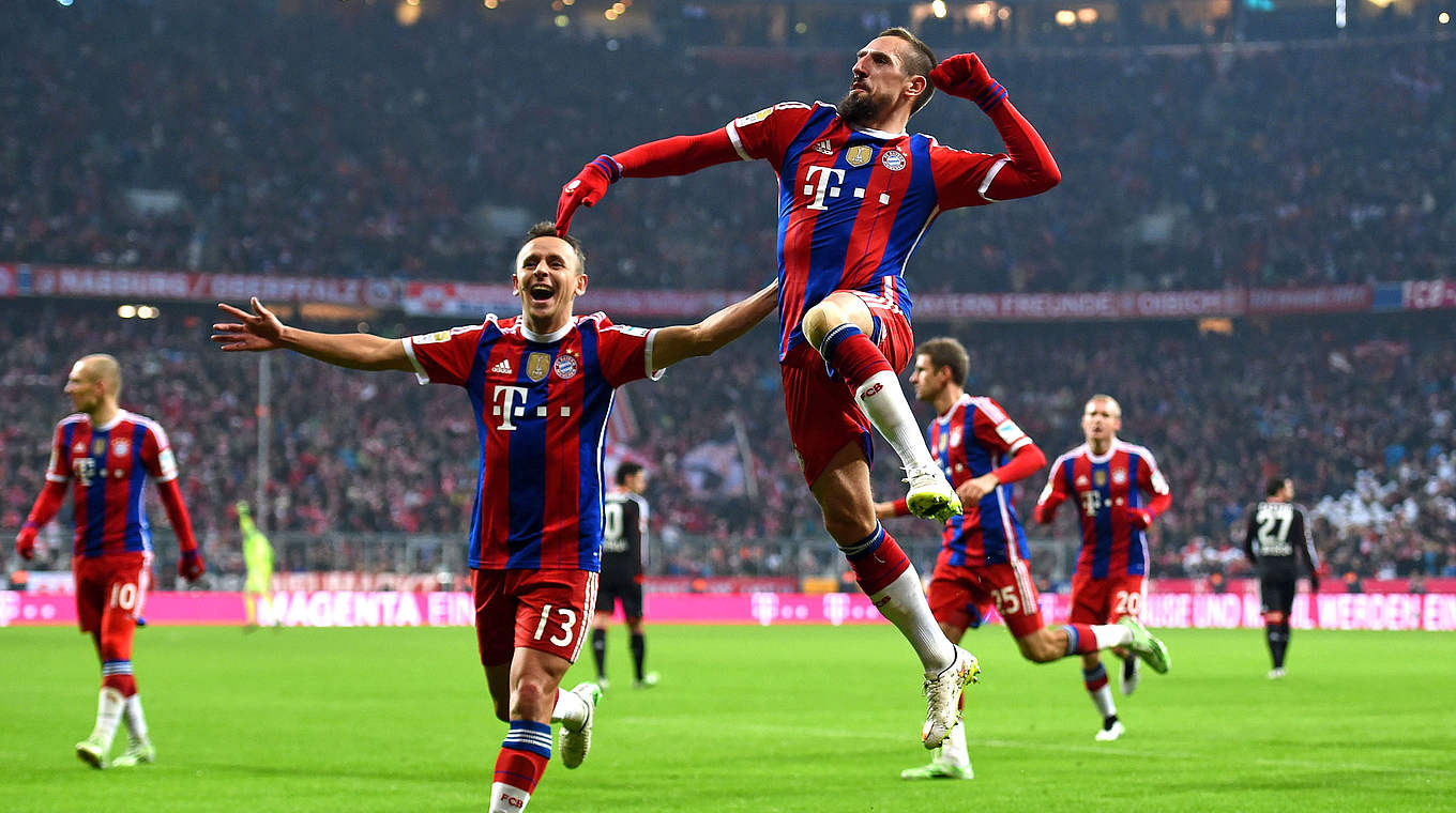 Franck Ribery celebrates his 100th competitive goal in Bayern colours © 2014 Getty Images