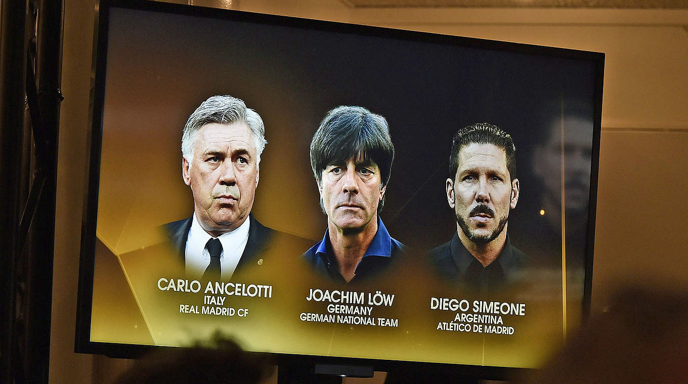 Die drei Kandidaten: Ancelotti, Löw und Simeone (v.l.) © AFP