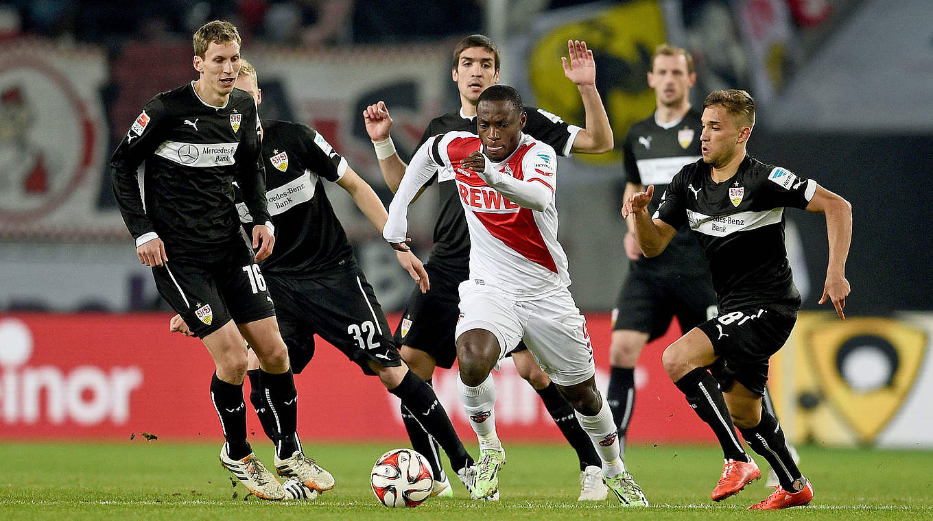 Köln's Anthony Ujah surrounded by Stuttgart players © 2015 Getty Images