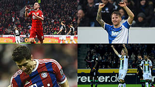 Doppelpacker des 25. Spieltages: Drmic, Polanski, Lewandowski, Herrmann (v.l.o.) © Bongarts/GettyImages/AFP