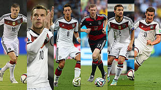 Weltmeister Kroos, Podolski, Özil, Mertesacker, Mustafi, Klose (v.l.): Noch ein Titel? © Bongarts/GettyImages