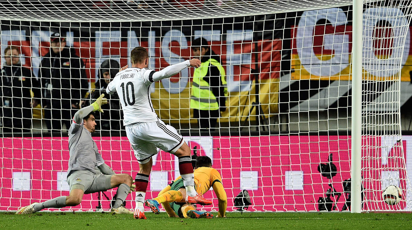 Lukas Podolski scored his 48th international goal to salvage a 2-2 draw with Australia © 2015 Getty Images