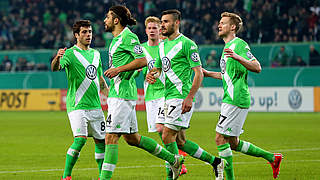 Celebrations for Wolfsburg: VfL are the first team through to the semi-final © 2015 Getty Images