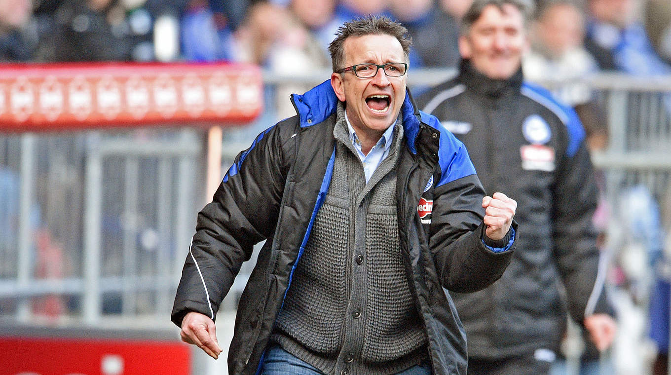 Arminia manager Norbert Meier celebrates his first victory with Arminia. © 2015 Getty Images