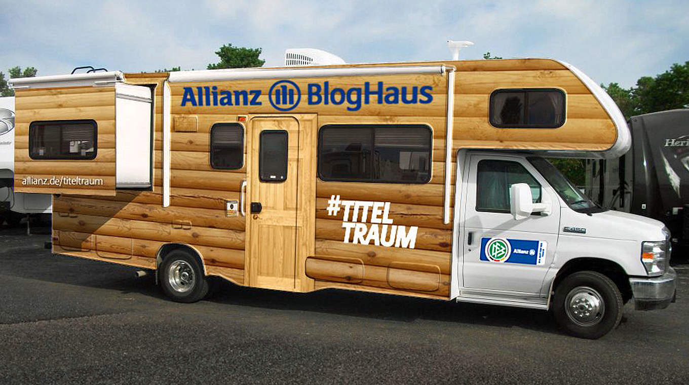 Mobiles WM-Studio im Design eines Blockhauses: das "Allianz Bloghaus" © Allianz