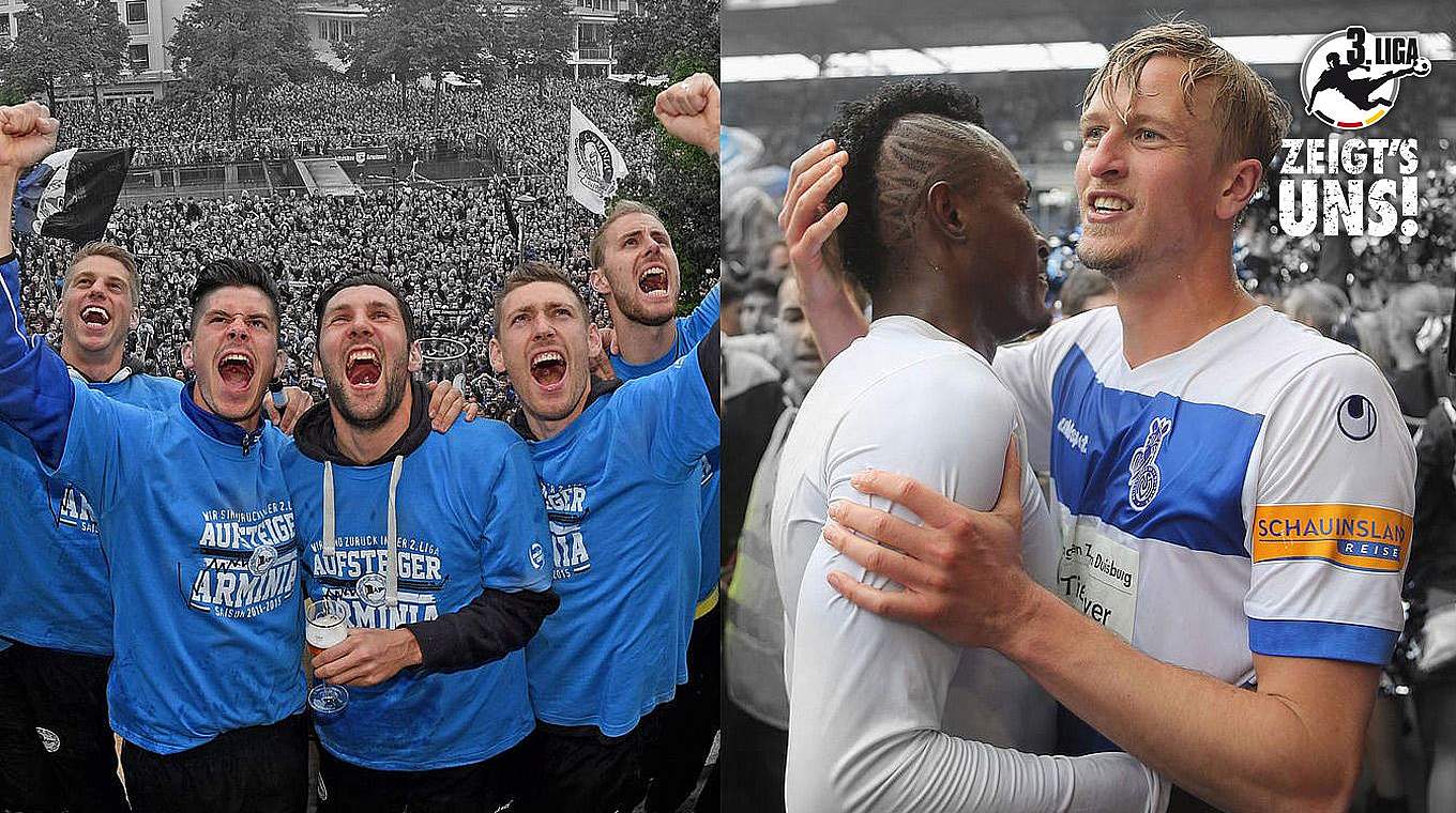 Aufstiegshelden: Arminia-Spieler (l.) und Duisburger feiern die Zweitliga-Rückkehr © Bongarts/Getty Images