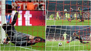 Reflex und Rutscheinlage: Ter Stegen pariert gegen Bayern-Star Lewandowski (o.r.) © imago/DFB