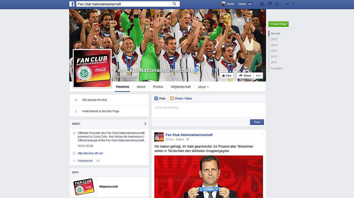 Auf Facebook: die Fanpage des Fan Club Nationalmannschaft powered by Coca-Cola © Facebook/DFB