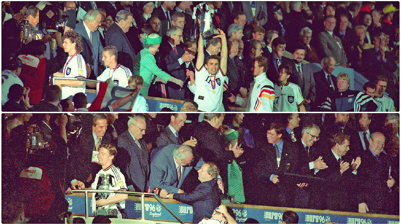 Der nächste Titel in Kohls Amtszeit: Deutschland wird Europameister 1996 und der Kanzler gratuliert als einer der ersten © imago/DFB