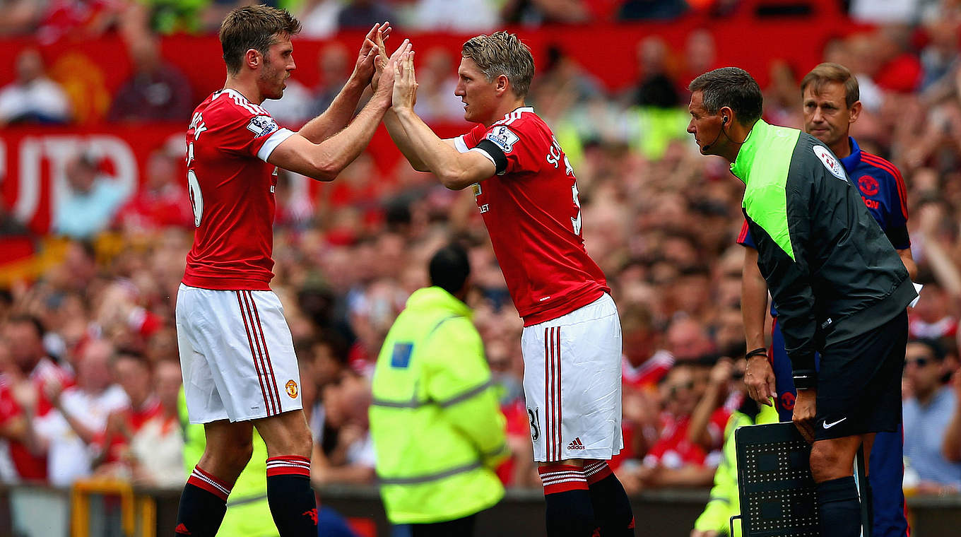 Bastian Schweinsteiger comes on for Michael Carrick in the second half.  © 2015 Getty Images