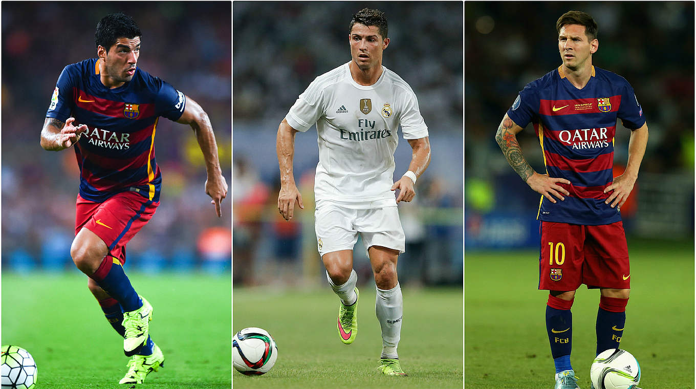 Die Kandidaten: Luis Suarez, Cristiano Ronaldo und Lionel Messi (v.l.) © GettyImages / DFB