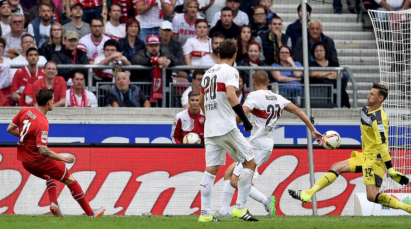 VfB Stuttgart - 1. FC Köln 1:3 (0:0): Simon Zoller (l.) markiert das vorentscheidende 2:0 © 2015 Getty Images