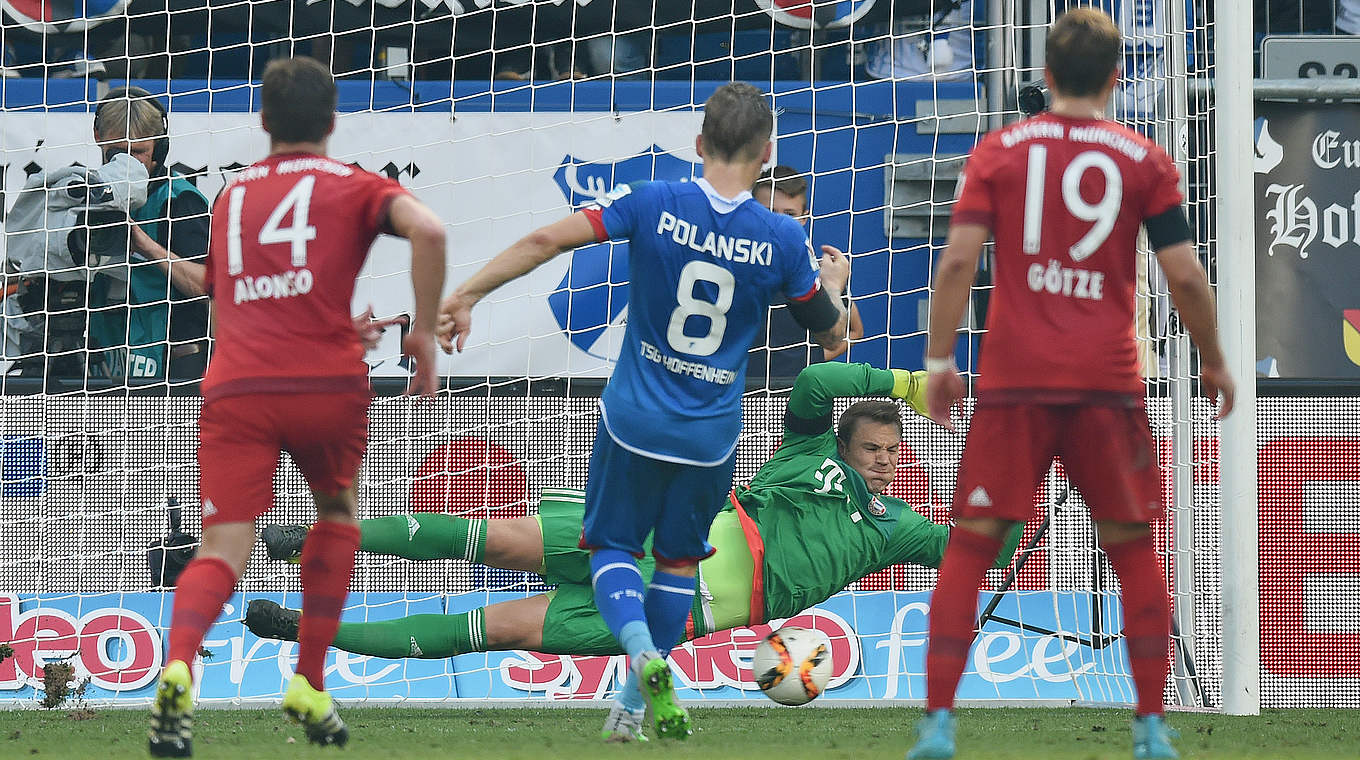 Polanski's penalty goes off the post and rebounds onto Neuer's back.  © 2015 Getty Images