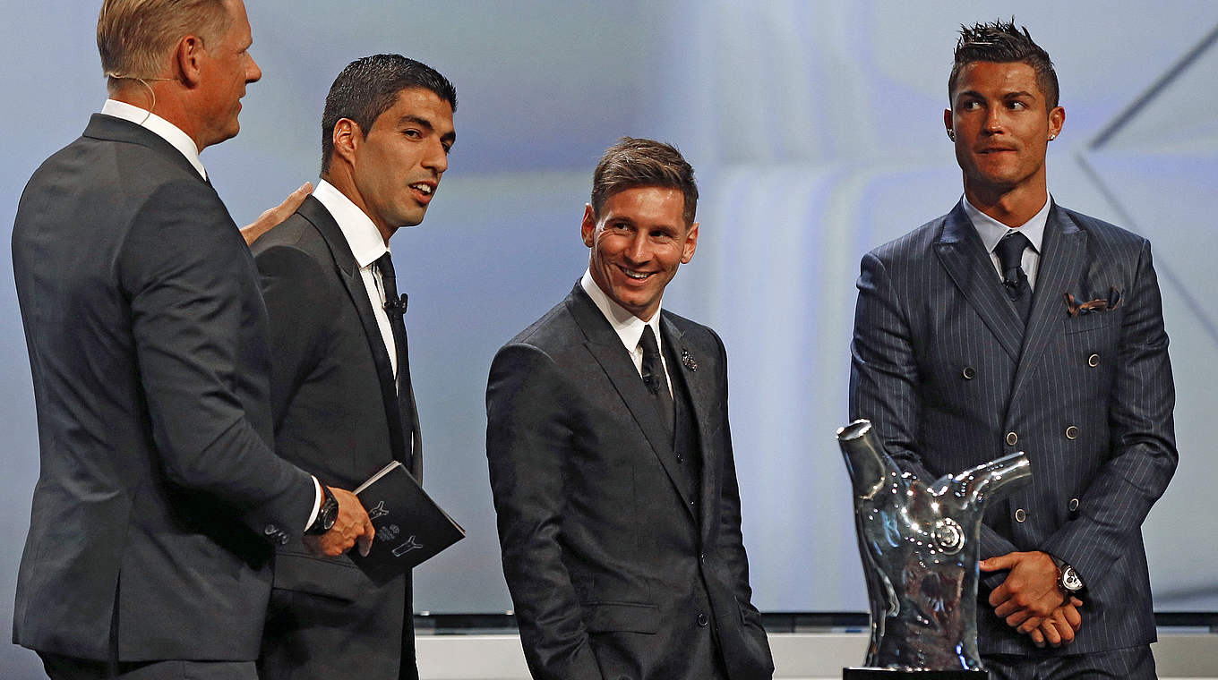 Drei Männer, ein Ziel: Cristiano Ronaldo, Lionel Messi und Luis Suarez (v. r.) kämpfen um die europäische Fußballer-Krone © 