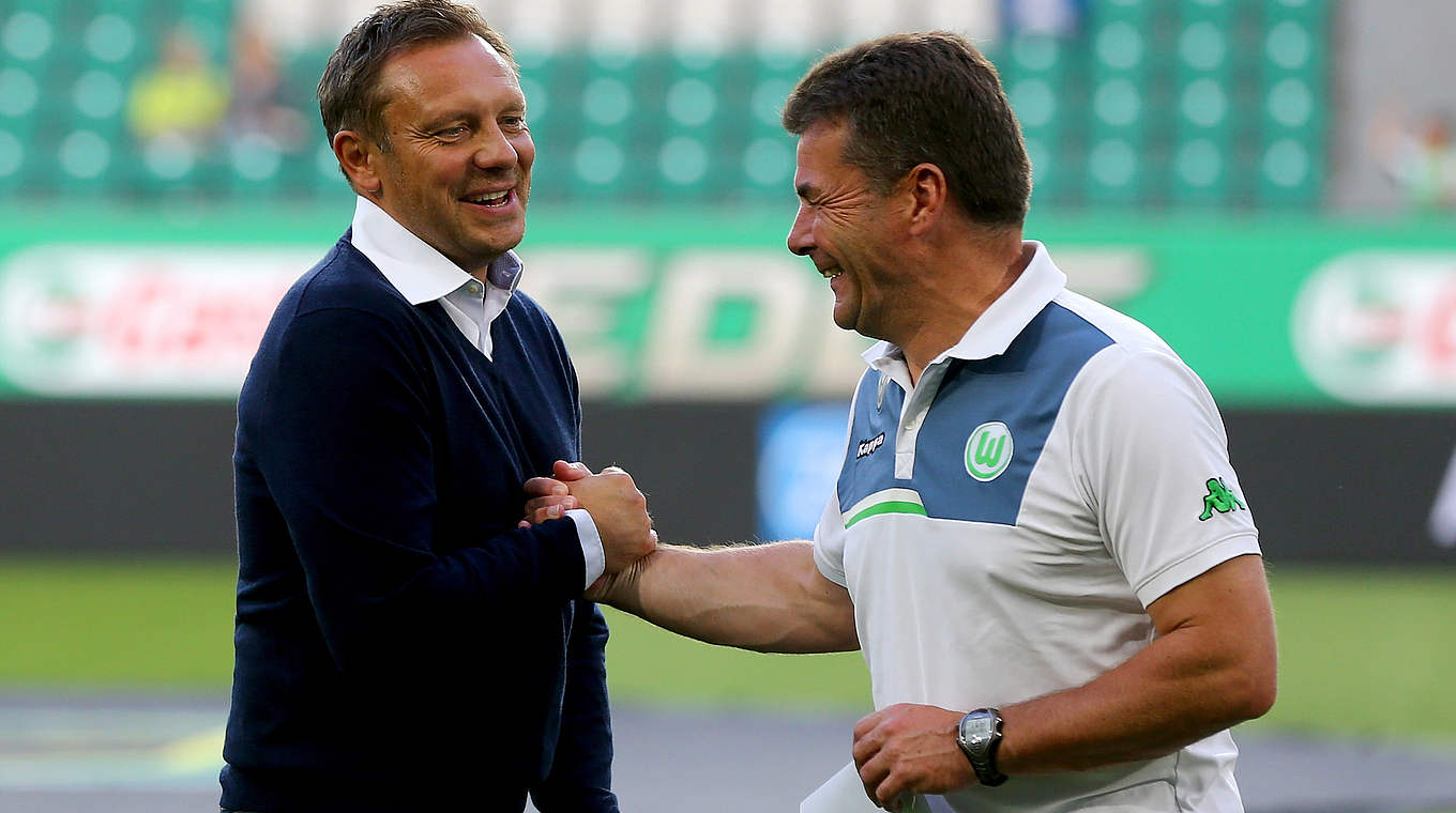 Head coaches Breitenreiter and Hecking were in good spirits before the game © 2015 Getty Images