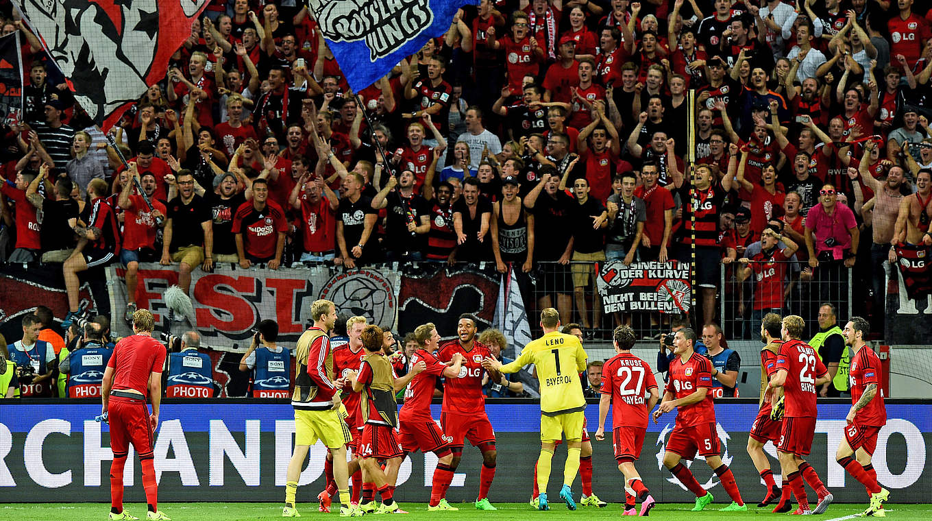 Bayer Leverkusen celebrate sealing qualification with a win against Lazio © 2015 Getty Images
