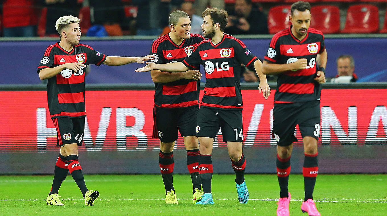 Bayer celebrate winning their Champions League opener. © 2015 Getty Images