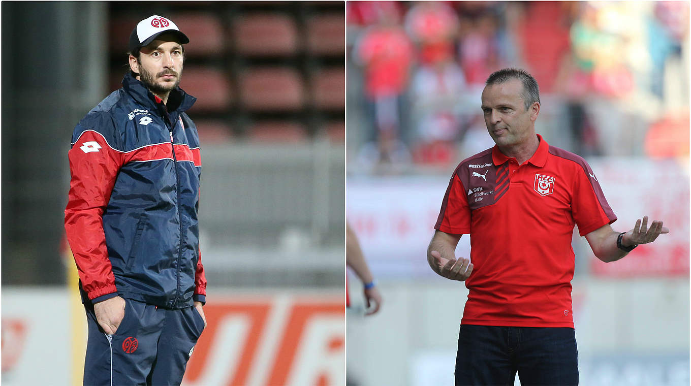 Trainerduell in Mainz: Sandro Schwarz (l.) und der FSV empfangen Stefan Böger und Halle © Getty/imago/DFB