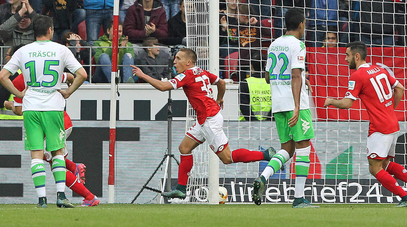 Pablo de Blasis celebrates taking the lead against VfL Wolfsburg  © 