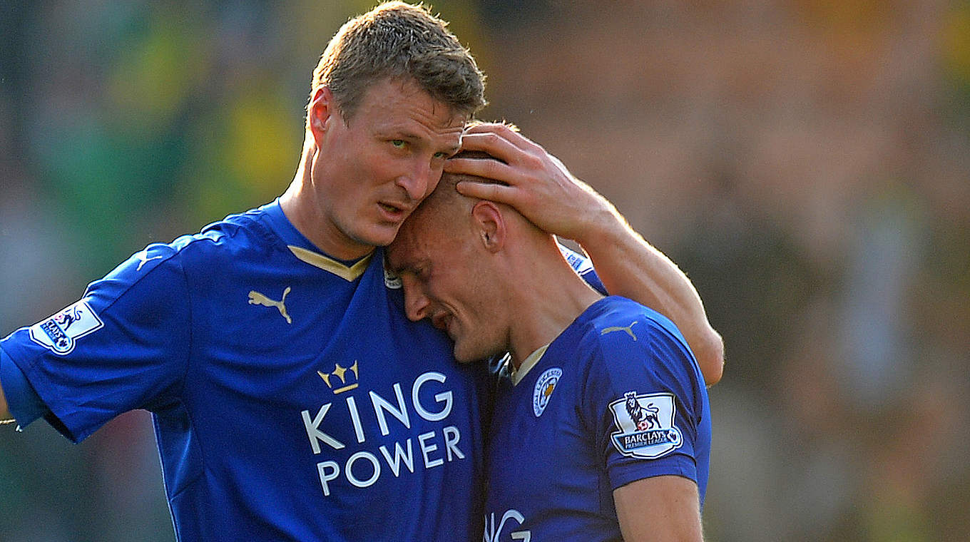 Heroic defender and top goalscorer: Huth and Jamie Vardy © 2015 Getty Images