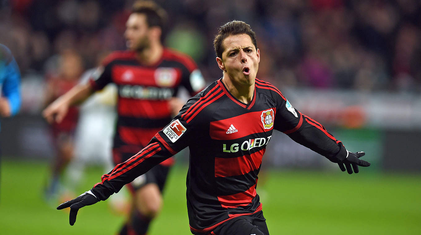 Chicharito completes his hat trick and scores Leverkusen's fifth goal of the day © 