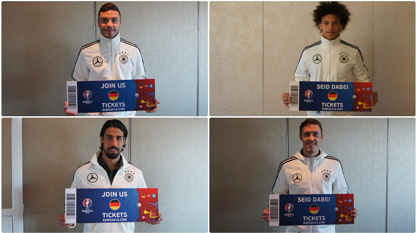 Appell an die Fans: (v.o.l.) Hector, Sané, Kruse und Khedira (u.l.) hoffen auf Unterstützung © DFB