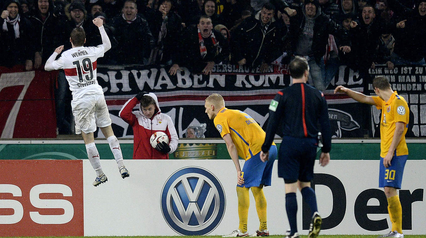VfB Stuttgart - Eintracht Braunschweig 3:2 (1:1, 1:1) n.V. : Konnte den VfB in der Verlängerung in Führung bringen: U21-Nationalspieler Timo Werner (l.). © 2015 Getty Images