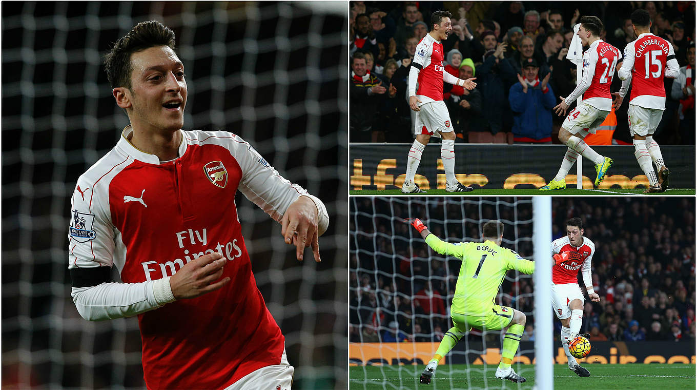 Özil grabbed a goal and an assist to put Arsenal top of the Premier League table © Getty/DFB