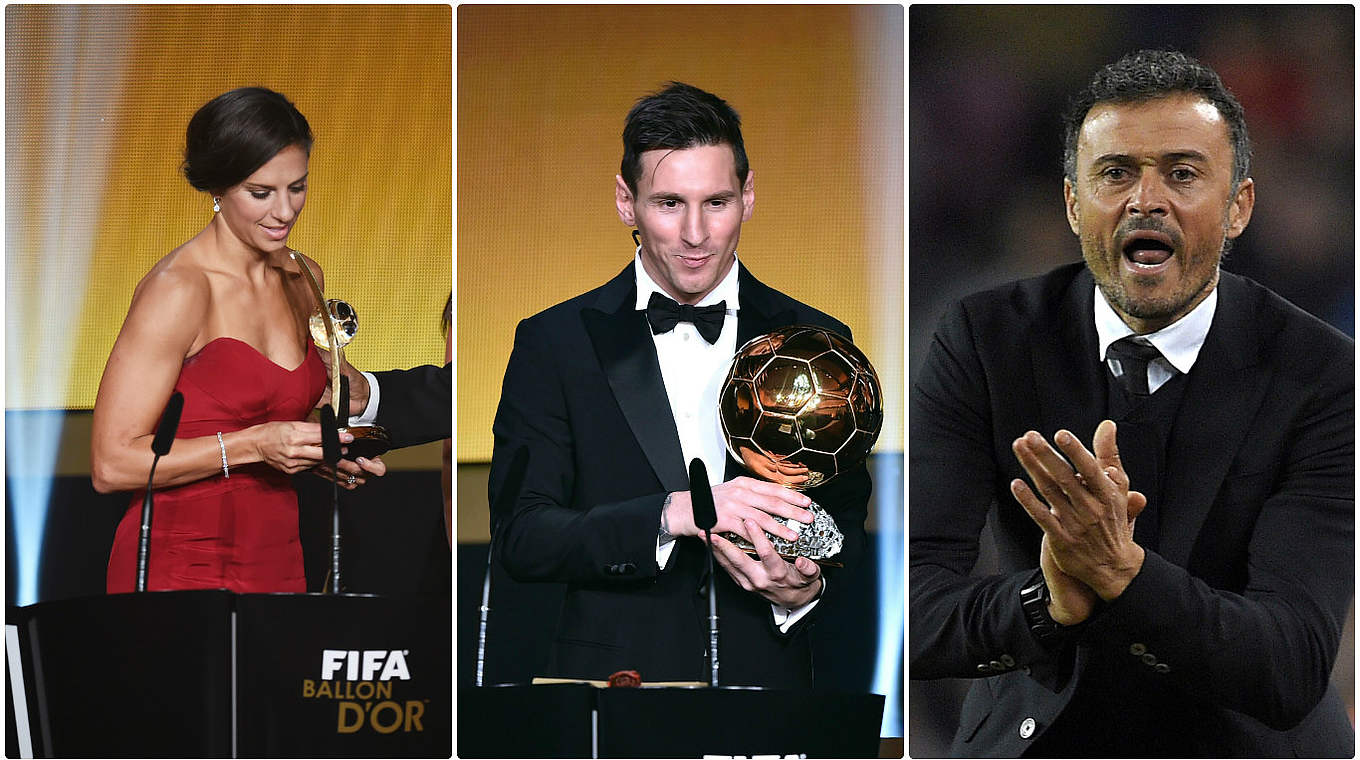 Die Besten des Jahres 2015: Carli Lloyd (l.), Lionel Messi (M.) und Luis Enrique © 2016 Getty Images / DFB