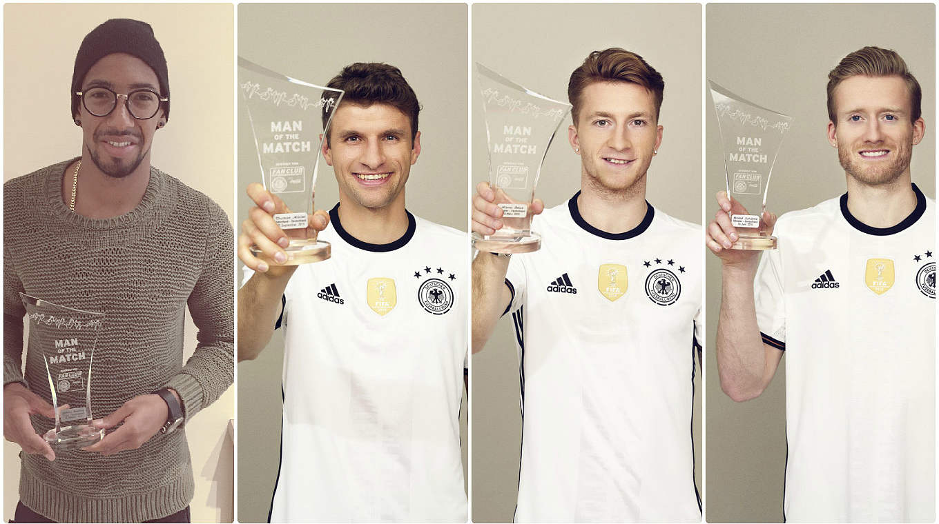 Die glorreichen Vier: Jerome Boateng, Thomas Müller, Marco Reus, André Schürrle (v.l.) © Christian Rinke / Fan Club