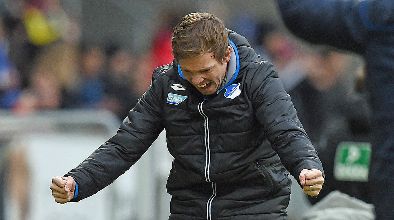 Julian Nagelsmann celebrates his first win as TSG Hoffenheim manager.  © 2016 Getty Images