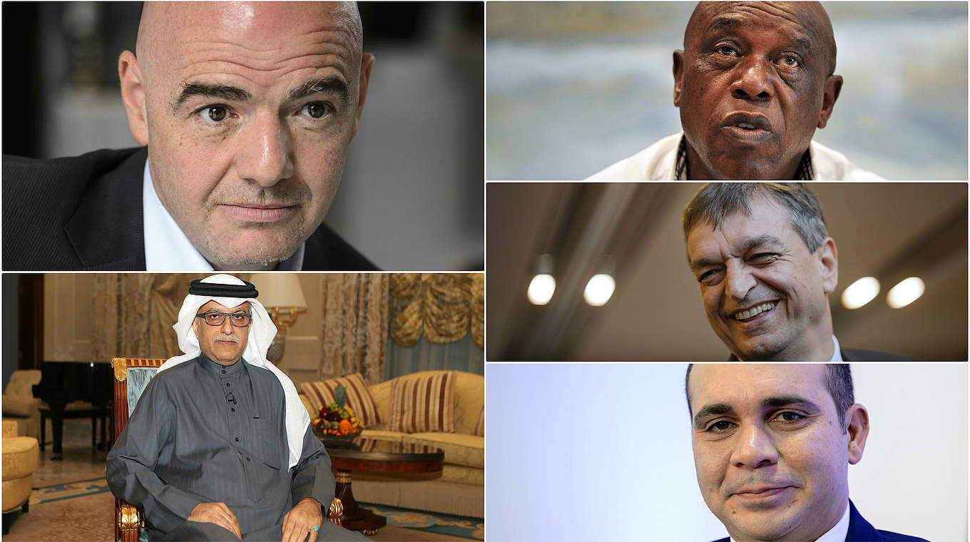 Die Kandidaten: Infantino (o.l.), Sexwale (o.r.), Champagne, al-Hussein und al Chalifa (u.l.) © Getty Images/DFB