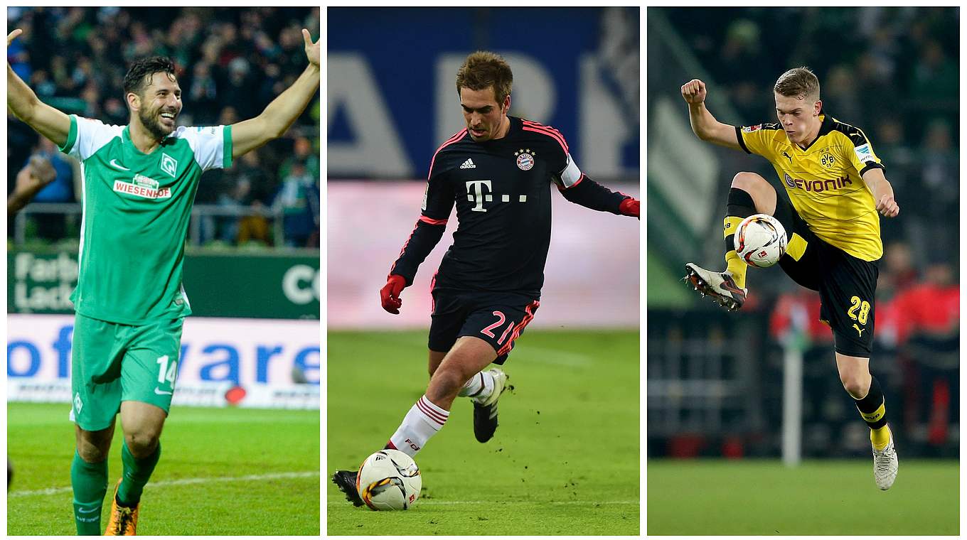 Jubiläen vor der Tür: Claudio Pizarro, Philipp Lahm und Matthias Ginter (v.l.) © Getty Images