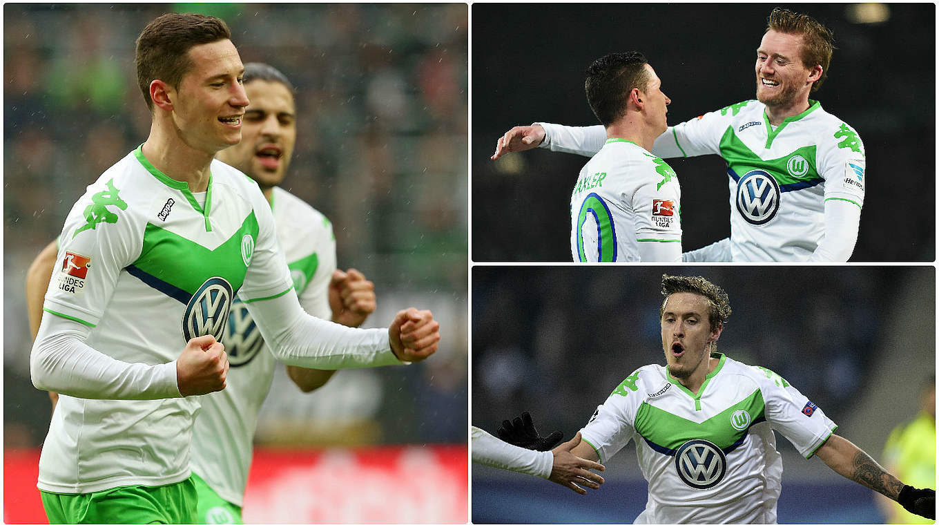Wollen mit Wolfsburg ins Viertelfinale: Draxler (l.), Schürrle (r.o.) und Kruse (r.u.) © 2016 Getty Images/DFB