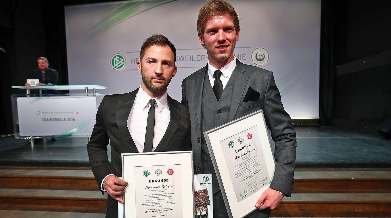 Lehrgangsbester und Bundesligacoach: Domenico Tedesco (l.) und Julian Nagelsmann © 2016 Getty Images