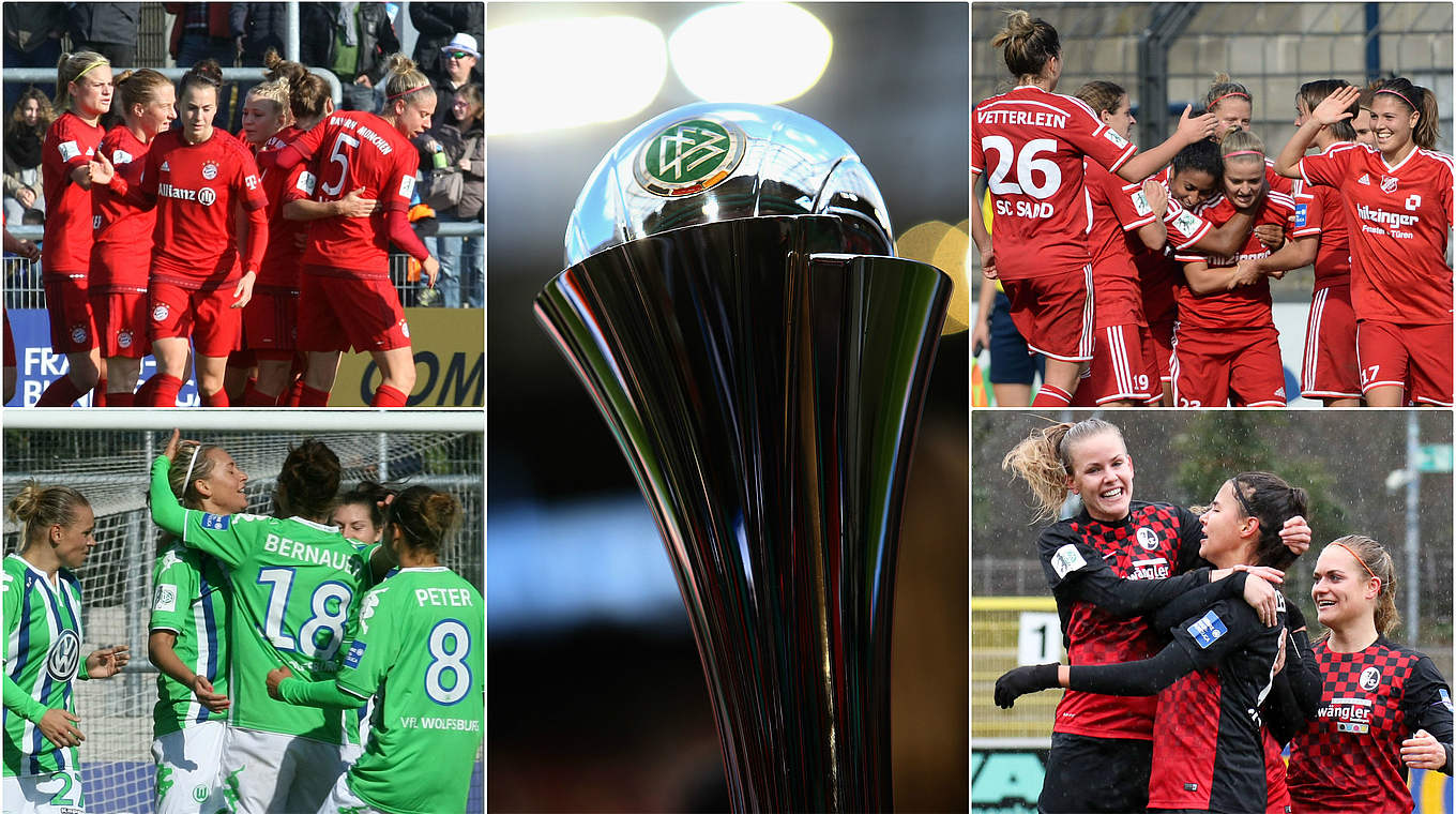 Vier Teams wollen den Pokal: Bayern, Sand, Wolfsburg und Freiburg © imago/Jan Kuppert/DFB