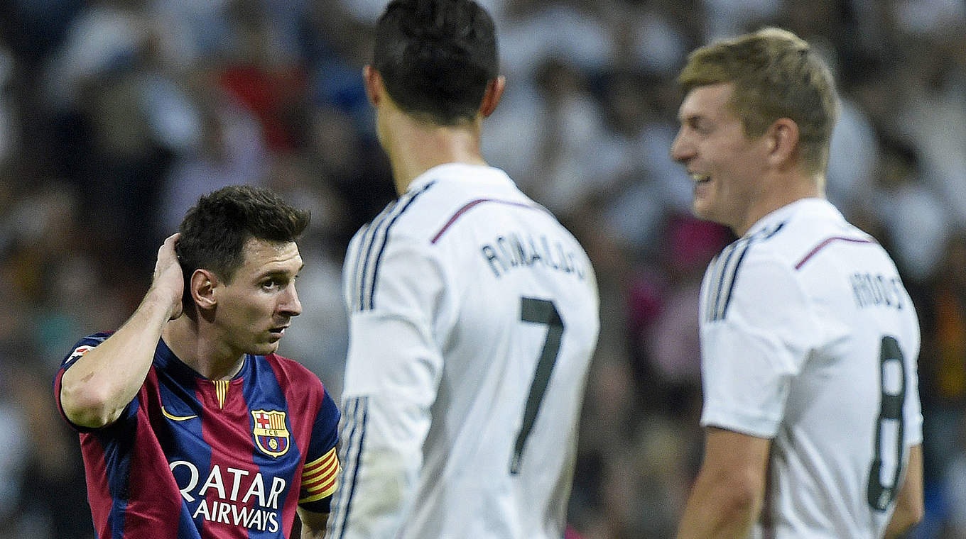 Im Fokus des Interesses: die Superstars im Clásico Messi, Ronaldo und Kroos (v.l.) © GERARD JULIEN/AFP/Getty Images