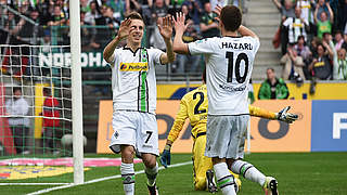 Trifft bei Gladbachs 5:0 gegen Hertha BSC doppelt: Thorgan Hazard (r.) © 2016 Getty Images