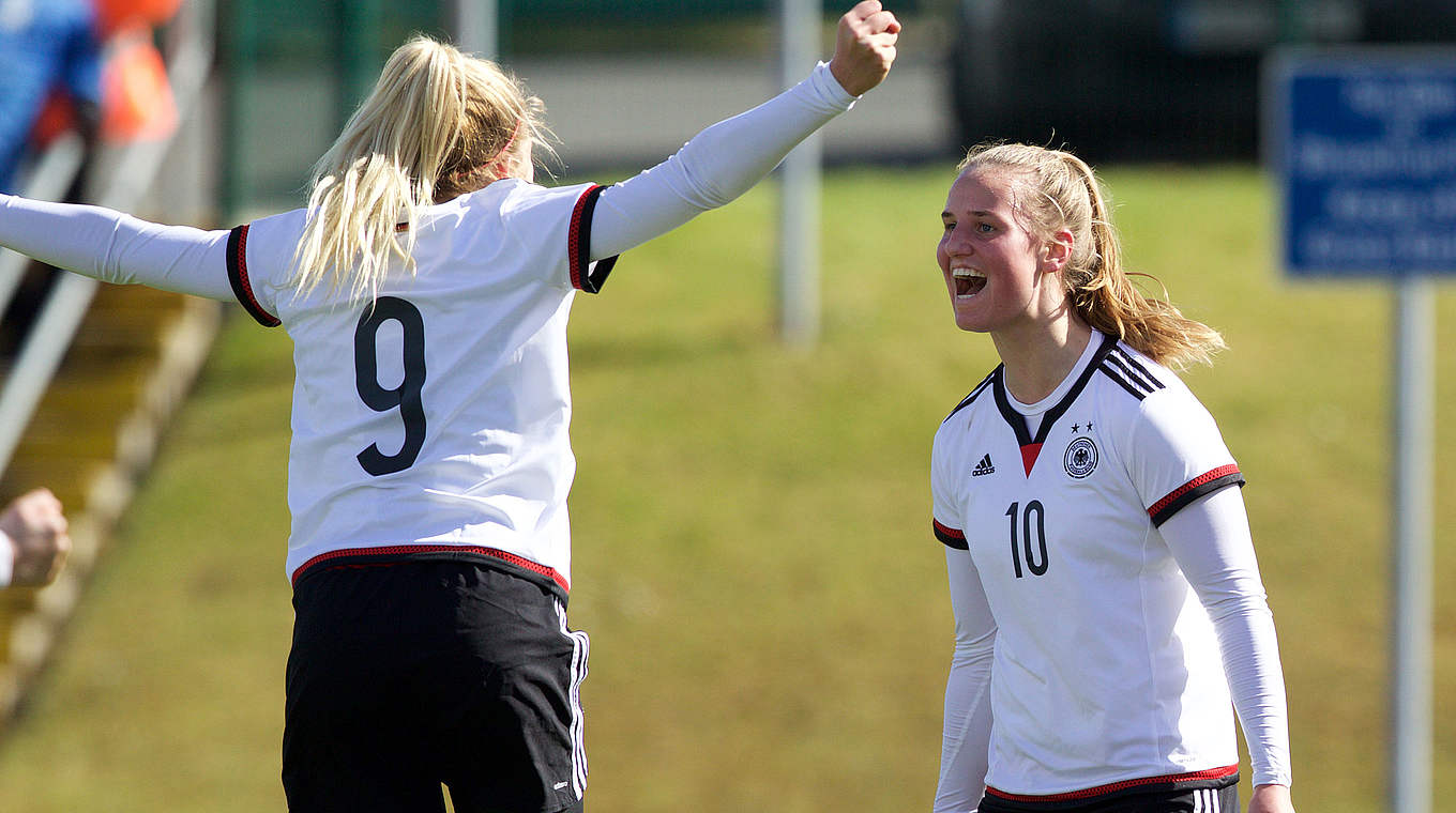 Goalscorers Nina Ehegötz (left) and Franziska Gieseke celebrate together © 2016 Getty Images