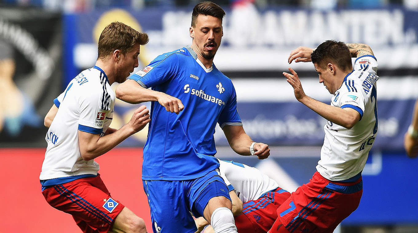 Sandro Wagner and Darmstadt celebrated a 2-1 win in Hamburg. © 2016 Getty Images